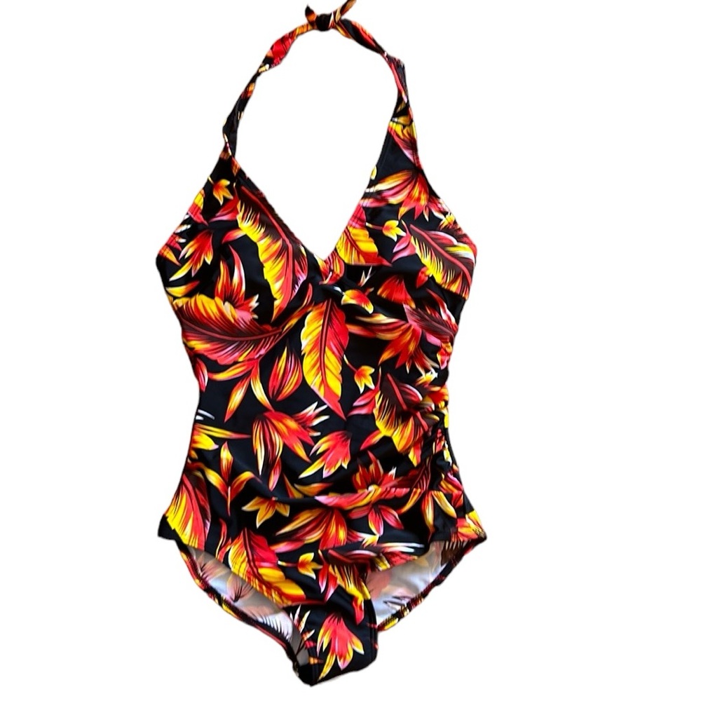 Bikini Bay One Piece Size 12 Halter Swimsuit Black Orange‎ Yellow Leaf Pattern